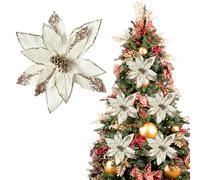Fictory Lot de 6 poinsettias artificielles en velours, 31 cm, doré et blanc crème, avec pétales en velours pelucheux et paillettes pour décoration de Noël