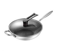 Fictory Wok en acier inoxydable, anti-adhésif, design nid d'abeille, 3 couches, facile à nettoyer, 32 cm, avec couvercle et oreilles, indispensable de cuisine polyvalent