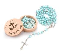 FIDWALL Mon premier chapelet avec boîte souvenir - Baptême et fête prénatale pour filles et garçons | Chapelet catholique pour première communion chrétienne (bleu)