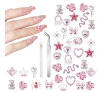 FIDWALL Y2K Lot de 32 breloques à ongles en forme de cœur, nœud, papillon, ours avec pince à épiler et stylo de ramassage, accessoires pour ongles en acrylique, usage quotidien, fêtes, surprise