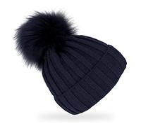 Fiebig Bonnet tricoté avec pompon en fausse fourrure | Bonnet en laine avec doublure en polaire | Bonnet béanie fabriqué en Europe, bleu marine, taille unique