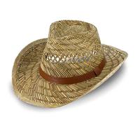 fiebig Chapeau Australien en Paille pour Femme et Homme | Chapeau de Cowboy avec Bandeau | Chapeau de Western avec lanière en Simili Cuir | Chapeau de Soleil Naturel (58-L)
