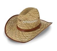 fiebig Chapeau western en paille pour homme et femme | Chapeau de cowboy aéré avec mentonnière | Chapeau de paille avec bande en cuir synthétique | Chapeau de soleil avec bandeau éponge et bordure sur
