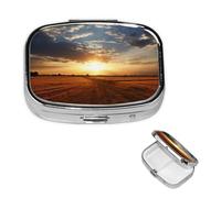 Field Sunrise Pilulier avec miroir, 2 compartiments - Petit pilulier pour sac à main ou poche - Mini pilulier en métal - Pour voyage, médicaments, comprimés et vitamines - Cadeau de voyage