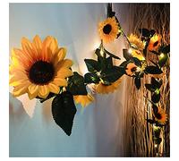 Fielegen Lot de 2 guirlandes de tournesols artificiels à 60 LED - 4,6 m - En soie - Alimentation par piles - Pour chambre à coucher, vacances, mariage, décoration de jardin