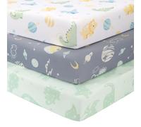 FIEMOL Drap Housse 70 x 140 cm, Lot de 3 Microfibre Ultra Douce et Lisse Élastique sur Tout Le Tour - pour Matelas de Lit Bébé et Lit Enfant, La Planète Dinosaure Verte