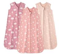 FIEMOL Gigoteuse été 0-6 Mois 0.5 Tog, Turbulette Coton pour Nouveau-né et Nourrisson, Pack de 3 Sac de Couchage bébé Léger avec Double Fermeture éclair 58-66 cm Étoiles Roses
