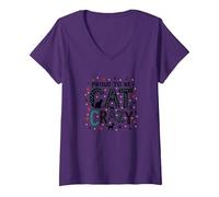 Fier d'être Fou de Chat : Art typographique félin Amoureux T-Shirt avec Col en V, Femme, Violet, L