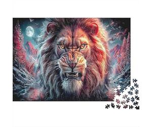 Fierce Lion in Crimson Forest Under Full Moon Puzzles 1000 Pieces Picture Puzzle Wildlife for Adults Décoration Murale Tableau Décoratif 52x38cm/1000pcs