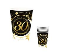 FIESTAS GUIRCA | 6 Gobelets Jetables de 30 Ans (240 ml) (9 cm) - Décoration de Table pour Fêtes - Idéal pour Célébrations et Événements - Noir, Or, Blanc