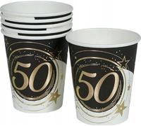 FIESTAS GUIRCA | 6 verres jetables de 50 ans (240 ml) (9 cm) - Décoration de table pour fêtes - Idéal pour les célébrations et événements de 50 ans - Noir, or, blanc