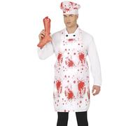 FIESTAS GUIRCA Bonnet et tablier avec faux sang (55 x 70 cm) - Accessoire de déguisement de cuisinier pour Halloween et fêtes d'horreur - Unisexe - Blanc et rouge