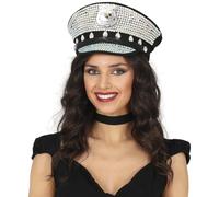 FIESTAS GUIRCA | Casquette de Police avec Strass (Taille Unique) - Accessoire de Costume pour Enterrement de Vie de Garçon et Fêtes Costumées - Idéal pour Adultes Unisexe - Argent et Noir