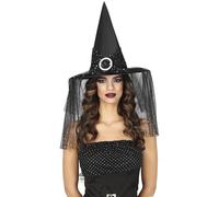 FIESTAS GUIRCA Chapeau de sorcière avec voile et étoiles - Accessoire pour déguisement de sorcière pour Halloween et fêtes costumées - Idéal pour adulte - Noir