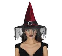 FIESTAS GUIRCA Chapeau de sorcière grenat avec voile - Accessoire pour déguisement de sorcière pour Halloween et fêtes costumées - Idéal pour adulte - Rouge