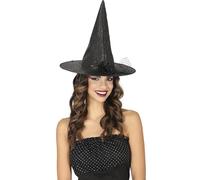 FIESTAS GUIRCA | Chapeau de Sorcière pour Déguisement Femme - Simili Cuir | Effet Craquelé Original | Fleur Textile | Voilette Élégante | Matière Légère | Taille Adulte | Halloween, Carnaval, Fête