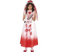 FIESTAS GUIRCA | Costume Bloody Wife Enfant (5-6 ans) - Robe et Voile - Costumes de Mariée Sanglante pour Halloween, Carnaval et Fêtes d'Horreur - Idéal pour Filles - Blanc et Rouge