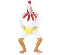 FIESTAS GUIRCA | Costume de Poule pour Adulte Homme (48-50/M) - Inclut Cagoule, Ceinture, Queue, Couvre-pieds, Col et Combinaison - Idéal pour Fêtes Animalières, Carnaval et Halloween - Blanc