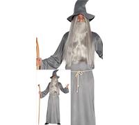 FIESTAS GUIRCA Costume de sorcier puissant - Tunique grise de sorcier avec chapeau - Déguisement de sorcier pour homme Taille S 46-48