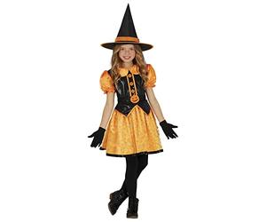 FIESTAS GUIRCA Costume de Sorcière Citrouille à Paillettes - Petite Sorcière Orange avec Chapeau de Sorcière - Déguisement d'Halloween Fille 10-12 Ans