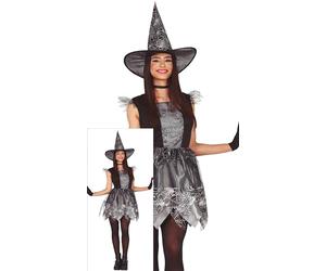 FIESTAS GUIRCA Costume de sorcière en toile d'araignée argentée - Robe avec chapeau de sorcière - Déguisement d'Halloween pour femme Taille 42-44 L