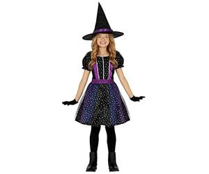 FIESTAS GUIRCA Costume de Sorcière Étoiles à Paillettes - Petite Sorcière Lila avec Chapeau de Sorcière - Déguisement Halloween Fille 10-12 Ans