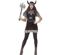 FIESTAS GUIRCA | Costume de Viking Femme (42-44/L) - Robe, Bandeau, Ceinture et Cornes - Costumes de Guerrière Nordique pour Halloween, Carnaval et Fêtes de Vikings - Marron et Gris