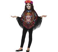 FIESTAS GUIRCA | Costume Día de los Muertos Poncho Enfant (7-9 Ans) - Poncho pour Filles - Costumes d'Halloween, Carnaval et Fêtes Costumées - Idéal pour Célébrations Animalières - Noir