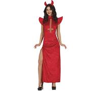FIESTAS GUIRCA Costume Diable Sexy - Robe Longue Rouge avec Ouverture de Jambe et Bandeau Cornes de Diable - Déguisement d'Halloween pour Femme Taille 42-44 L