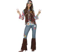 FIESTAS GUIRCA | Costume Hippie Femme (42-44/L) - T-shirt, Gilet, Bandeau et Pantalon - Costumes Années 60 et 70 pour Fêtes à Thème, Carnaval et Halloween - Idéal pour Adultes - Marron et Multicolore