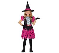 FIESTAS GUIRCA Costume Petite Sorcière Etoiles Roses - Sorcière avec Chapeau de Sorcière - Déguisement Halloween Fille 7-9 Ans