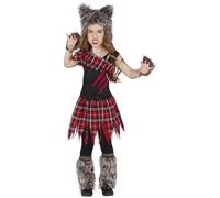 FIESTAS GUIRCA | Costume Scottish Wolf Girl Enfant - Cagoule, Couvre-bottes, Gants et Robe - Costumes de Loup et Animaux pour Halloween, Carnaval et Fêtes Costumées - Idéal pour Filles - Noir et Rouge