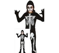 FIESTAS GUIRCA | Costume Squelette Enfant Garçon - Noir/blanc - 3-4 ans | 2 Pièces Motif Os | Gants, Couvre-Chaussures Inclus | Capuche Assortie | Polyester Léger | Halloween, Carnaval, Fête