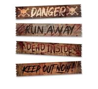 FIESTAS GUIRCA | Décoration Panneaux Avertissement - Set 4 Pièces | 4 Éléments Imprimés | Aspect Bois Ancien | 70X13 cm | PVC Léger | Messages Effrayants | Halloween, Karneval & Fasching