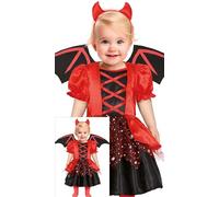 FIESTAS GUIRCA Déguisement adorable petit diable pour bébé - Costume pour tout-petit avec une robe de diable rouge avec des paillettes, cornes de diable pour bébé - Bébés filles de 12 à 18 mois