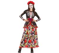 Fiestas Guirca Déguisement Catrina – Robe longue imprimé tête de mort, serre-tête fleurs S (36-38)