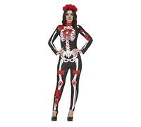 FIESTAS GUIRCA Déguisement de Catrina Combinaison longue avec imprimé squelette, fleurs et bijoux pour femme Taille M 38-40