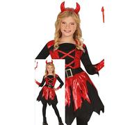 FIESTAS GUIRCA Déguisement de diable ardent pour filles - Comprend un serre tête à cornes de diable et une robe rouge brillante diable - Costumes d'Halloween pour filles de 7 à 9 ans