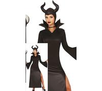 FIESTAS GUIRCA Déguisement de Fée Maléfique pour Femme - Chapeau de Fée Maléfique avec Cornes et Robe de Sorcière Noire Sexy avec Fente de Jambe - Costumes d'Halloween pour Femme Taille S