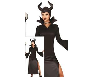 FIESTAS GUIRCA Déguisement de fée maléfique pour femme - Chapeau de fée maléfique avec cornes et robe sexy de sorcière noire avec ouverture sur les jambes - Déguisement d'Halloween pour femme