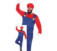 FIESTAS GUIRCA Déguisement de héros plombier rouge pour homme - Casquette rouge et combinaison de super mécanicien - Costume de jeu vidéo pour homme Taille XXL