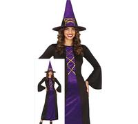 FIESTAS GUIRCA Déguisement de sorcière charmante pour femme - Comprend un chapeau de sorcière violet et une longue robe de sorcière - Costumes d'Halloween pour femme taille M