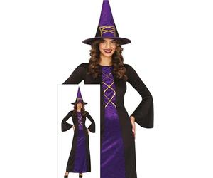 FIESTAS GUIRCA Déguisement de sorcière enchantée pour femme Comprend un chapeau de sorcière violet et une robe longue de sorcière pour femme Taille S