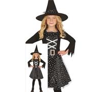 FIESTAS GUIRCA Déguisement de Sorcière Étoile d'Argent pour Filles - Comprend Chapeau de Sorcière, Robe de Sorcière Argentée et Noire, Ceinture - Costumes d'Halloween pour Filles Âge 10-12 Ans