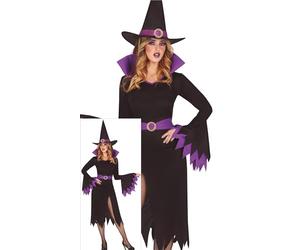 FIESTAS GUIRCA Déguisement de sorcière mystique pour femme, Comprend un chapeau de sorcière violet et noir, une robe avec fente pour les jambes et une ceinture, Costume d'Halloween pour femme taille L