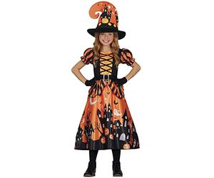 FIESTAS GUIRCA Déguisement de sorcière orange charmante avec chapeau de sorcière pour Halloween 5-6 ans