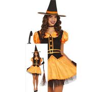 FIESTAS GUIRCA Déguisement de sorcière orange enchantée pour femme avec chapeau de sorcière et robe orange avec étoiles brillantes pour femme