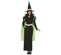 FIESTAS GUIRCA Déguisement de sorcière verte - Robe longue noire avec cape et chapeau de sorcière - Déguisement d'Halloween pour femme Taille 38-40 m