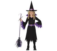 FIESTAS GUIRCA Déguisement de sorcière violette pour fille - Comprend un chapeau de sorcière et une robe de sorcière noire et violette - Costumes d'Halloween pour filles de 7 à 9 ans