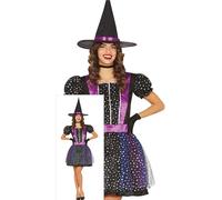 Sorcière Halloween Nuit Étoilée Costume Avec Chapeau Robe Sombre Accents Violet Mystique Déguisement Pour Adultes Apparition Magique Sorcier Festival de Sorcellerie Fête des Peurs, Taille : 36 - 38 (S